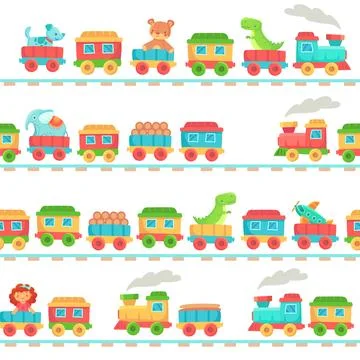 Kids toy train pattern. Children railroad toys, baby trains transport on ra.. Stock Illustration