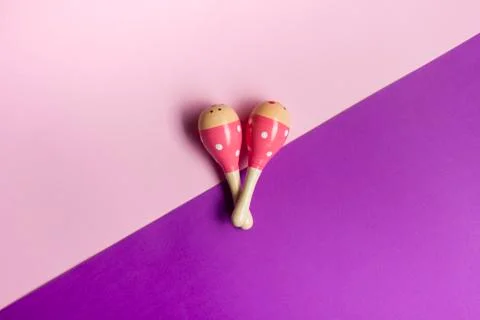 Kids toys for develop background. Flat lay colorful wooden ball percussion 库存照片