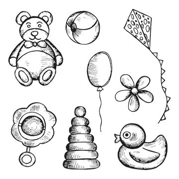 Kids toys set objects set vector sketches Stock Illustration