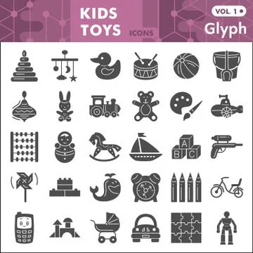 Kids toys solid icon set, Children toys symbols collection or sketches. Baby toy Illustrazione stock