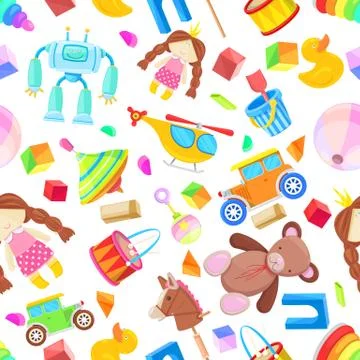 Kids toys vector seamless pattern. Color toy for baby boy and girl, cartoon i Stock-Illustration