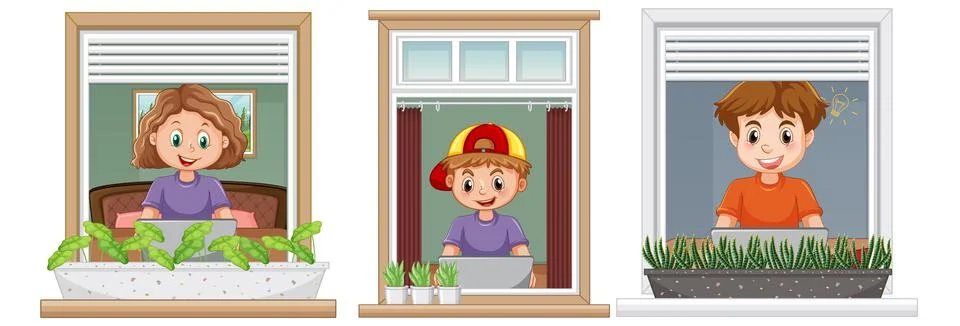 Kids using computer and looking through the window Illustrazione stock