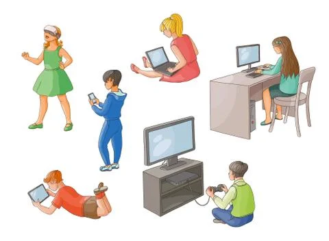 Kids using gadgets, technologies, back view Stock Illustration