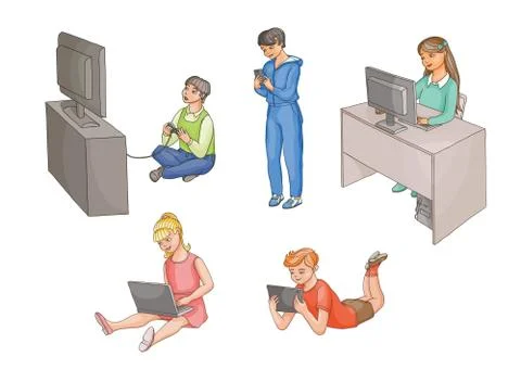 Kids using gadgets, technologies, front view Illustrazione stock