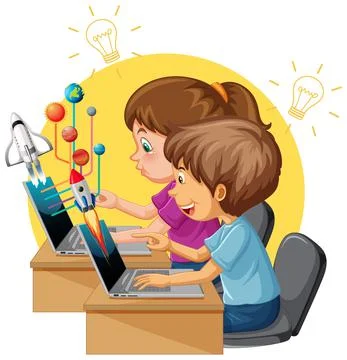 Kids using laptop with education icons Illustrazione stock