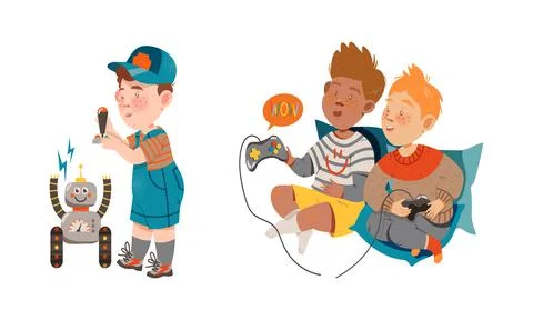 Kids using modern devices set. Boys playing computer games and controlling robot Ilustración de archivo