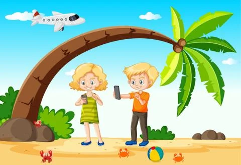 Kids using smart phone during travelling with beach and plane background Illustrazione stock