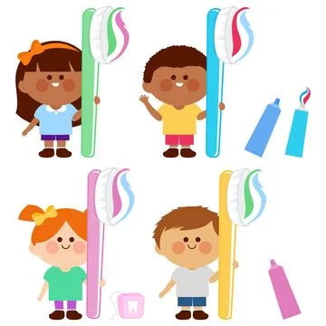 Kids using a toothbrush with toothpaste. Dental hygiene for happy children. Stock Illustration