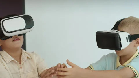 Kids Using VR Headset at IT Class at School Stock Footage 280542909
