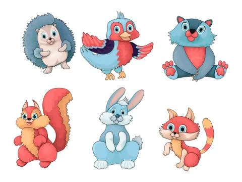 Kids vector characters animals. Cat, hare, bird, hedgehog, bear and squirrel Stock Illustration