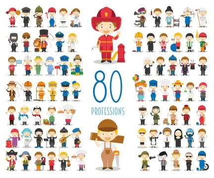 Kids Vector Characters Collection: Set of 80 different professions in cartoon st Stock Illustration