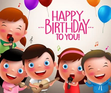 Kids vector characters singing happy birthday and happy 库存插图
