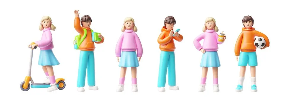Kids vector set 3D plastic style, cartoon boy with smartphone, ball and school イラスト素材