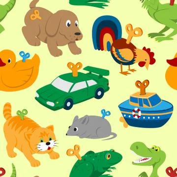 Kids vector toys clockwork key mechanism mechanic cartoon animals in toyshop for Stock Illustration