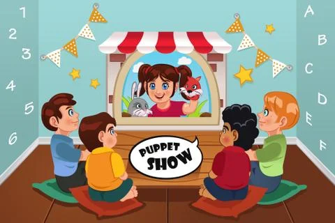 Kids Watching Puppet Show Stock Illustration