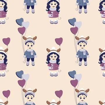 Kids winter Festive. Seamless patterns. A boy with balloons and a girl with a ha Stock Illustration
