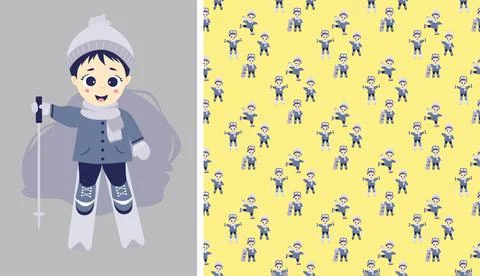Kids winter. Seamless patterns and postcard with boy skier. Children go ice skat Stock Illustration