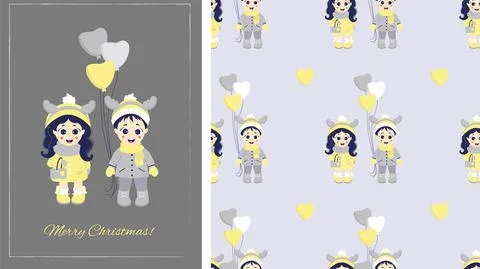 Kids winter. Seamless patterns and greeting card Merry Christmas. Couple - a boy Stock Illustration