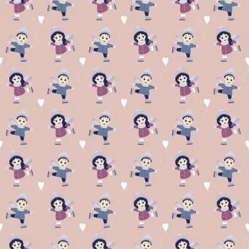 Kids winter. Seamless patterns. Boy and girl ice skating on a light pink backgro Stock Illustration
