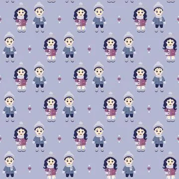 Kids winter. Seamless patterns. Cute boy and girl with a handbag in winter cloth Stock Illustration