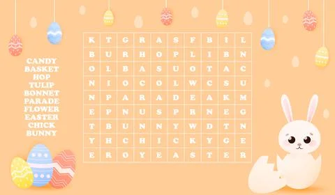 Kids word search game, easter holiday theme with cute animal character - bunn Stock Illustration