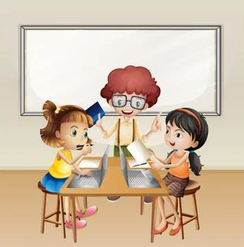 Kids working on computer in classroom Illustrazione stock