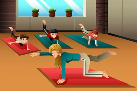 Kids in a yoga class Stock Illustration