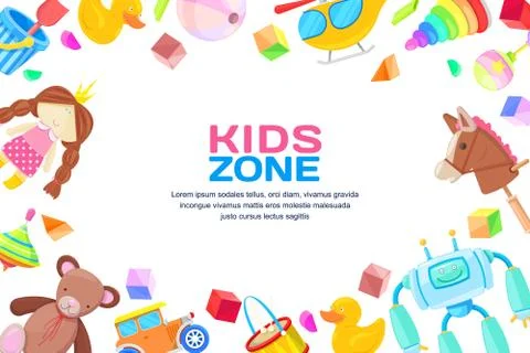 Kids zone concept, vector frame with toys set. Color toy for baby boy and gir Stock-Illustration