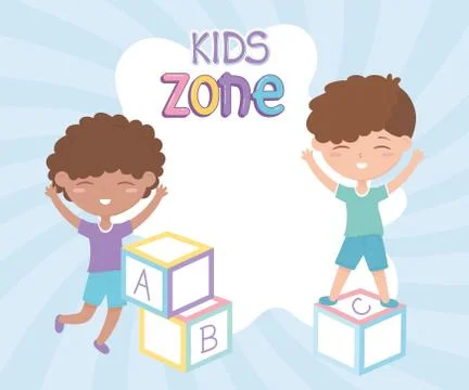 Kids zone, cute little boys playing with alphabet blocks toys Stock Illustration