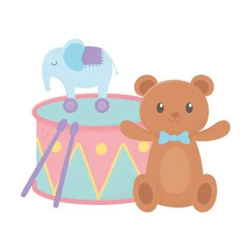 Kids zone, teddy bear elephant drum cartoon toys Stock Illustration