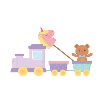 Kids zone, train teddy bear and unicorn in stick toys Stock Illustration