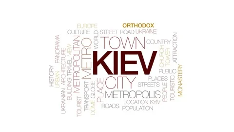 Kiev animated word cloud, text design animation. Kinetic typography. Stock Footage 75719844