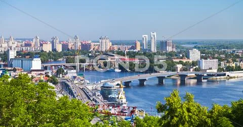 Kiev cityscape and dnieper river Stock Photos