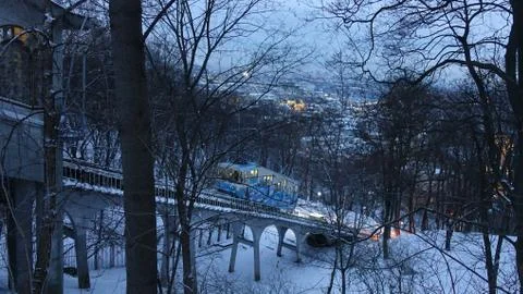Kiev funicular on the winter evening 库存照片