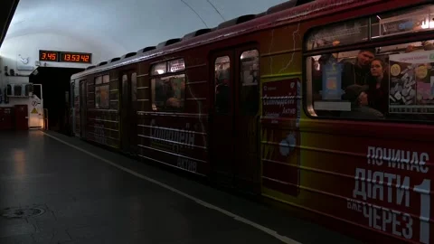 Kiev Metro Underground Station Train. Train Approaching Platform In Kiev 03 Stock Footage 89097480