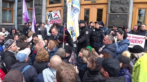 Kiev / Ukraine - 04/11/2019: protests of small entrepreneurs near the buildin Stock Footage 119301409