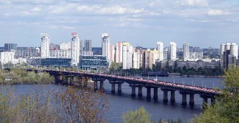 Kiev, Ukraine April 27, 2020: bridge over the Dnieper River, named after Pato Stock Photos