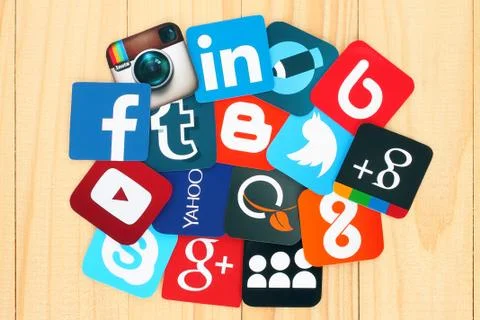 Kiev, Ukraine - July 01, 2015: Famous social media icons such as: Facebook, T Stock Photos