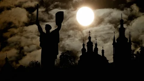 Kiev, Ukraine: Time Lapse By Night with Dark Atmosphere, Fog, Smoke, Full Moon Stock Footage 171036699