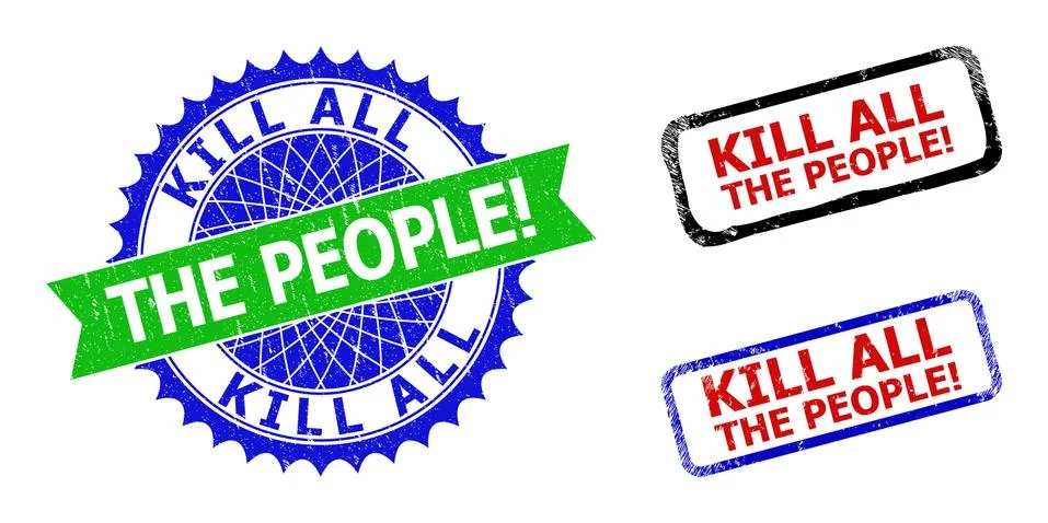KILL ALL THE PEOPLE Exclamation. Rosette and Rectangle Bicolor Badges with Stock Illustration