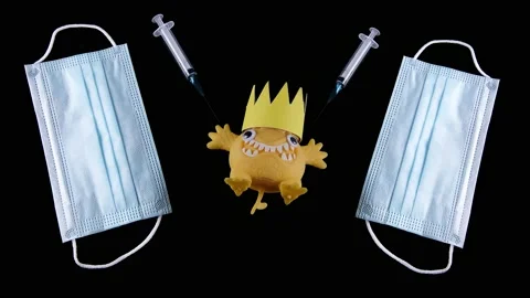 Kill-Covid-19 cartoon image, face masks and injectors isolated on black Stock Footage 149863756