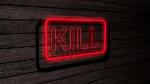 Kill red color neon fluorescent tubes signs on wooden wall. 3D render Stock Illustration