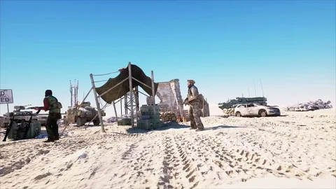 Kill the terrorists. East desert landscape. military headquarters, terrorist bas Stock Footage 71494726