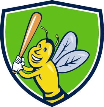 Killer Bee Baseball Player Batting Crest Cartoon Stock Illustration