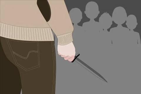 Killer man is attacking with knife on public place Stock Illustration