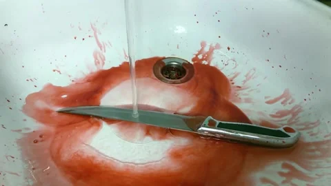 A killer in rubber gloves washes the victim's blood from a knife in the sink. Stock Footage 156192203