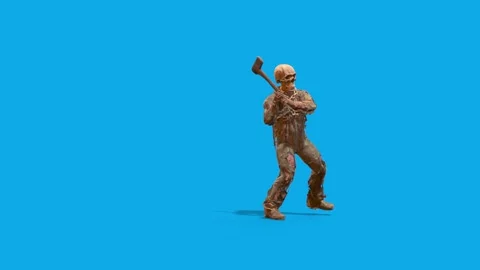 Killer Skeleton Monster Strikes with Axe Attacks Side Blue Screen Horror Hal Stock Footage 287737318
