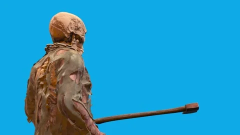 Killer Skeleton Monster Strikes with Axe Side Blue Screen Horror Halloween 3 Stock Footage 287737373