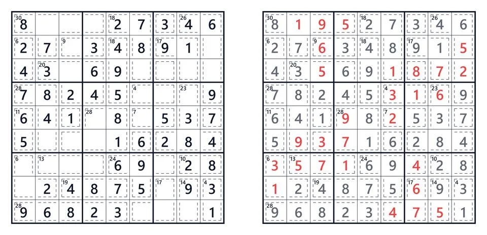 Killer Sudoku puzzle grid with logic math Stockillustratie
