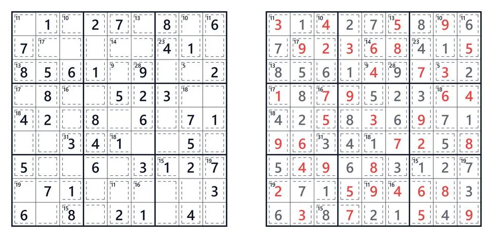Killer Sudoku puzzle grid with logic math イラスト素材